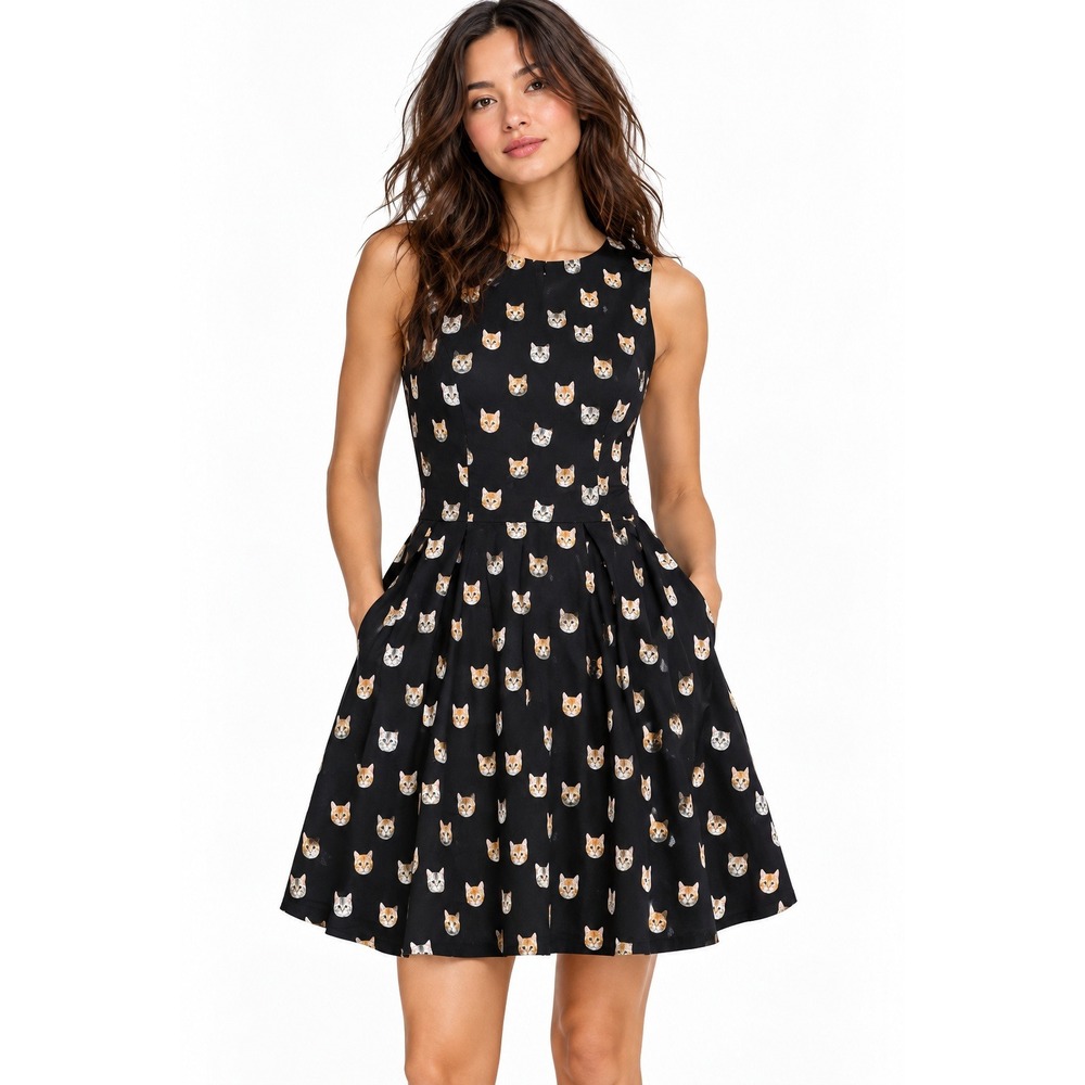 Revival Black Cat Face Print Dress sz 10 Sleeveless Pockets Halloween Witchy